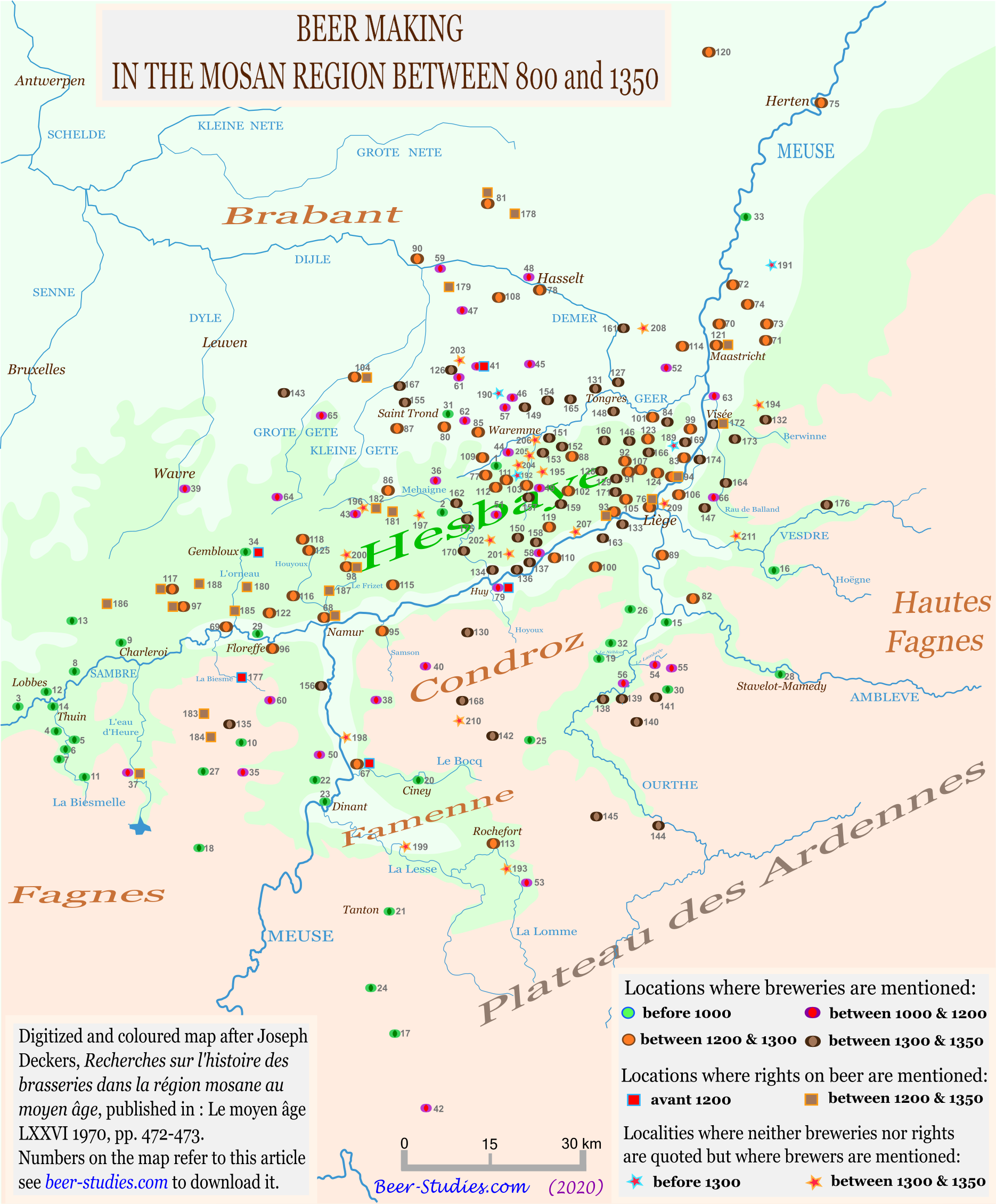 Deckers. Map of the breweries in the middle river Meuse basin between 800 and 1350