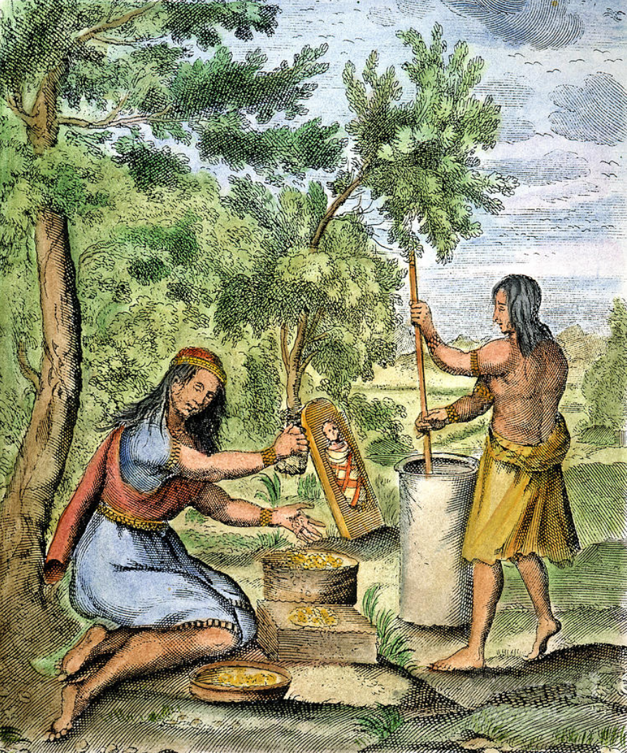Iroquois women grinding corn or dried berries and a papoose in his wooden craddle, 1664.