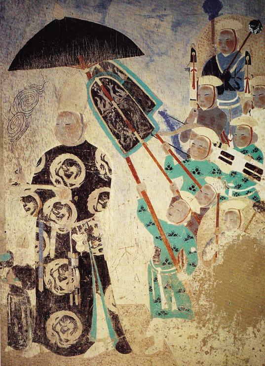 Dignitaire Ouïghour assisté par ses serviteurs, grotte de Mogao 409, Turfan 11e-13e_siècle