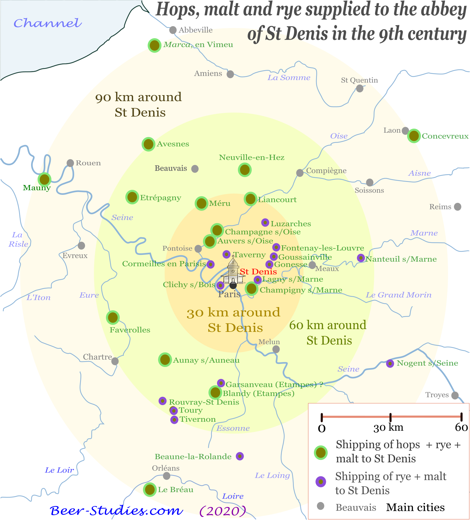 Estates of the abbey of St Denis (Paris) in 832. Royalties owed in rye, malt and hop. 