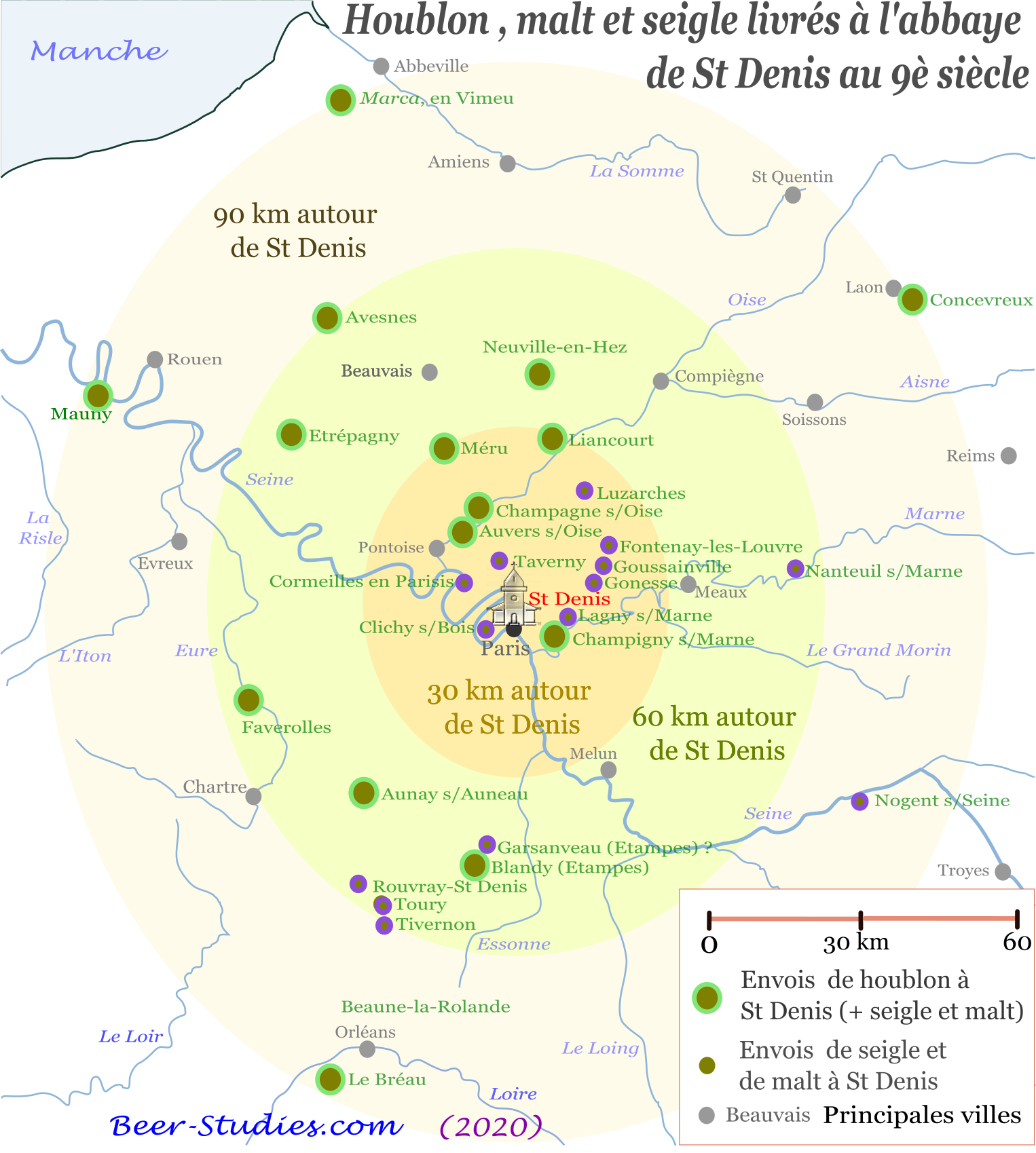Domaines de l'abbaye de St Denis en 832. Redevances de seigle, malt et houblon.