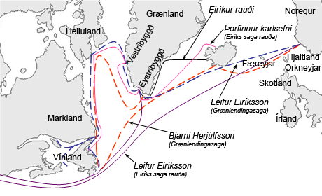 Routes maritimes vers les pays nommés Greenland, Vinland, Helluland, Markland selon les Sagas islandaises