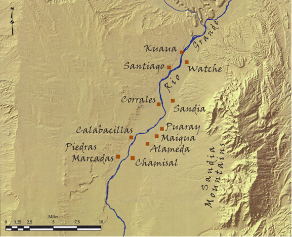 Piedras-Marcadas Pueblo Map Tiguex Province north of Albuquerque, locations of the 12 towns reported by Coronado