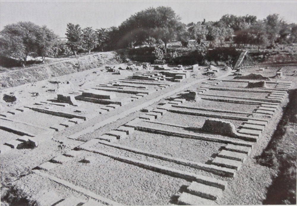 Grenier à Harappa couvrant une très vaste superficie, bassin sur le même niveau approximativement que le batiment à Harappa. J. M. Kenoyer 1998, Ancient cities of the Indus Valley Civilization, p. 66