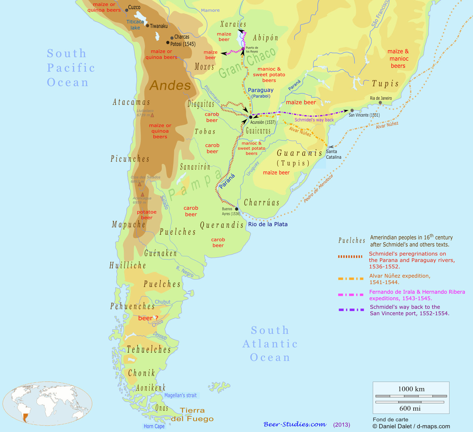 Map Rio de la Plata 16th century. Amerindian peoples and types of beer