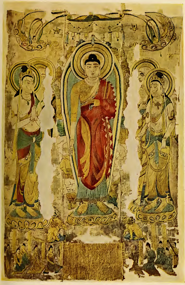 Silk embroidery banner, Budhha, Bodhisattvas and disciples, Thousand Buddhas Cave