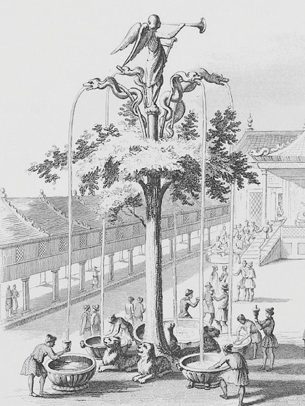 A pictorial recreation in 1735 of the 4 fermented beverages fountain for Möngke Khan by Guillaume Boucher