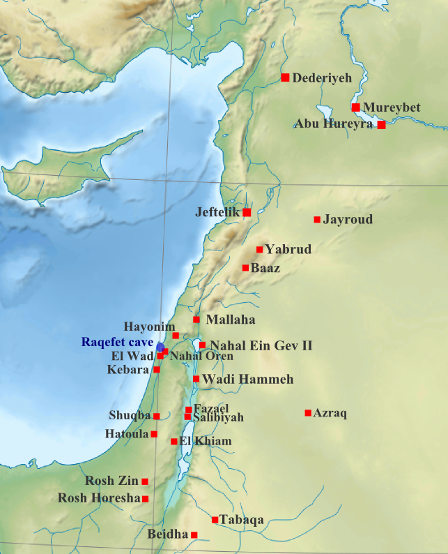 Localisation des sites Natufiens et de la grotte de Raqefet